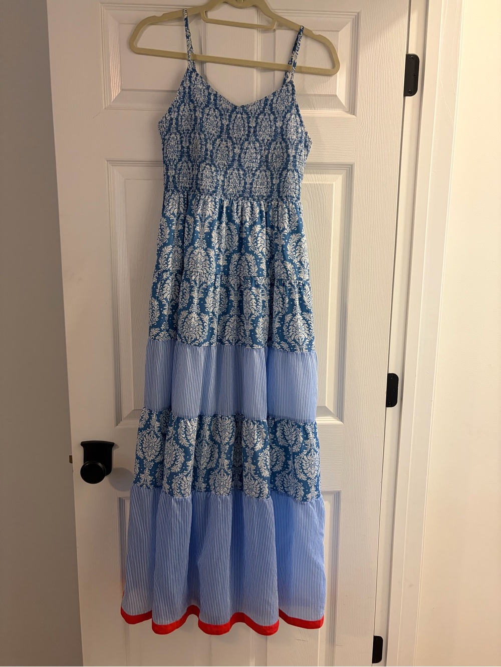 THML Blue & White Tiered Maxi Dress with Red Hem